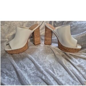 Lisa & Vicky White Leather Platform Mules Cork Heel Size 6.5 Open Toe